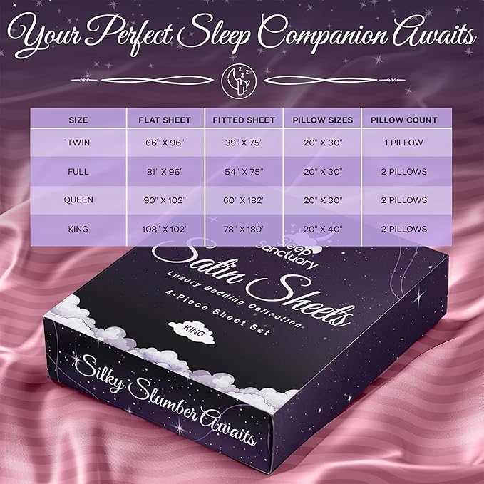 SLEEP SANCTUARY Satin Sheets Full Size – 4 Piece Luxury Silky Bed Set, Softer Than Silk, 15" Deep Pocket, Cooling & Wrinkle-Free, Moisture-Wicking & Breathable for Hair & Skin (Striped Pink)