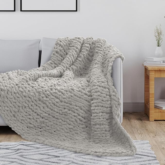 Chunky Knit Blanket Throw, 50x60inch Soft Chenille Yarn Throw, Handmade Warm Thick Cable Knit Crochet Blanket, Large Rope Knot Throw Blanket for Couch Bed Sofa,Light Grey