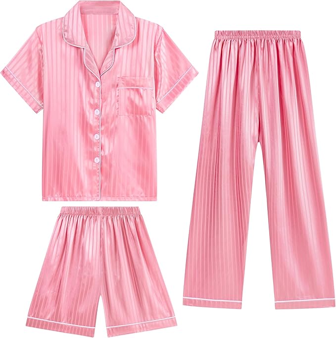 DIPUG 3 Piece Girls Silk Pajamas Set Soft Satin PJs Sleepwear for Comfortable Nights