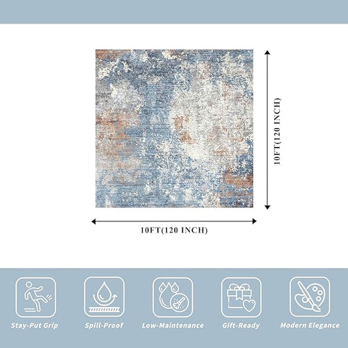 10x10 ft Square Living Room Rug – Washable Modern Abstract Area Rug for Bedroom, Dining Room, Playroom – Neutral Non-Slip Low-Pile Thin Indoor Carpet (Blue Rust,10x10)
