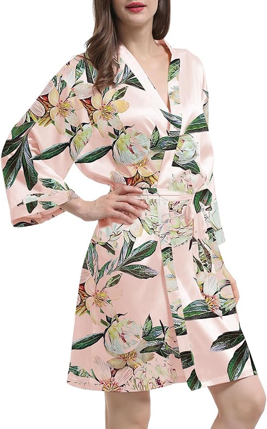 WJing Yi Jia Womens Satin Kimono Robe Silky Robes Floral Bathrobe Bride Bridesmaid Wedding Bridal Dressing Gown Loungewear