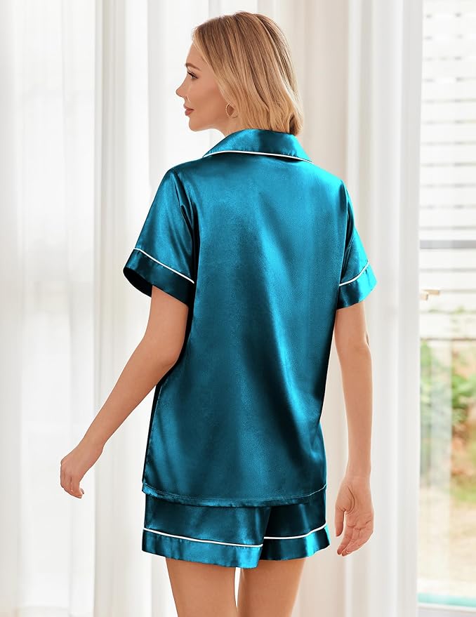 Ekouaer Womens Silk Satin Pajama Sets Soft Short Sleeve Button Down Sleepwear Top and Shorts 2 Piece Pjs Lounge Set
