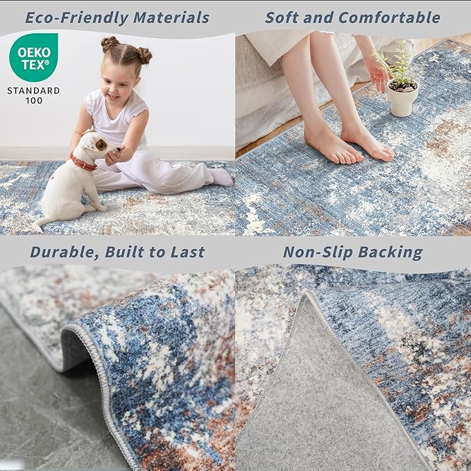 4x10 ft Extra Wide Hallway Rug – Non-Slip Washable Large Carpet Runner for Kitchen, Indoor Entryway, Modern Abstract Low-Pile Thin Floor Mat for Bedroom, Living Room, Dining Room (Blue Rust,4x10)