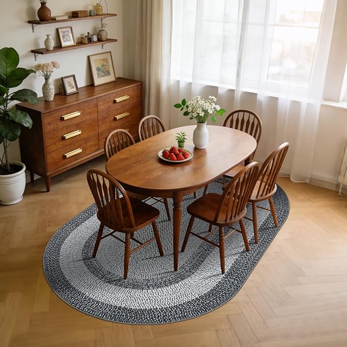 5x8 Oval Living Room Area Rug Washable Modern Border Bedroom Bedside Area Rugs Non Slip Low Pile Dining Room Oval Throw Carpet Contemporary Rugs for Living Room Kitchen Nursery, Grey