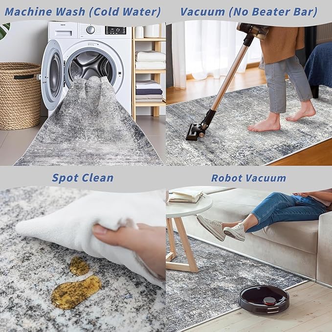 2x12 ft Washable Hallway Runner Rug – Non-Slip Stain-Resistant Low-Pile Long Carpet Runner for Kitchen Entryway Living Room Bedroom Bathroom, Modern Abstract Neutral (Blue Gray,2x12)