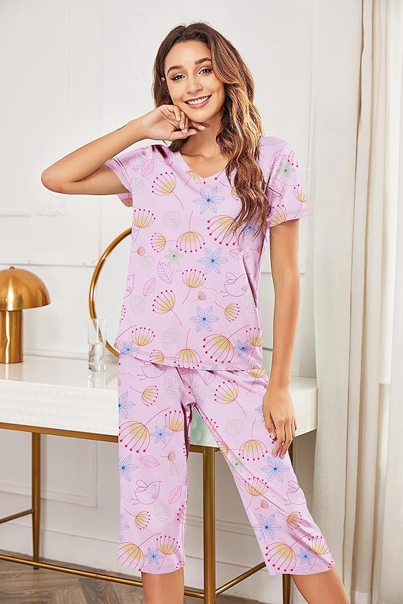 Ekouaer Women's Sleepwear Capri Pajama Sets Short Sleeve Two-Piece Pjs V Neck Tops & Capri Pants with Pockets S-3XL