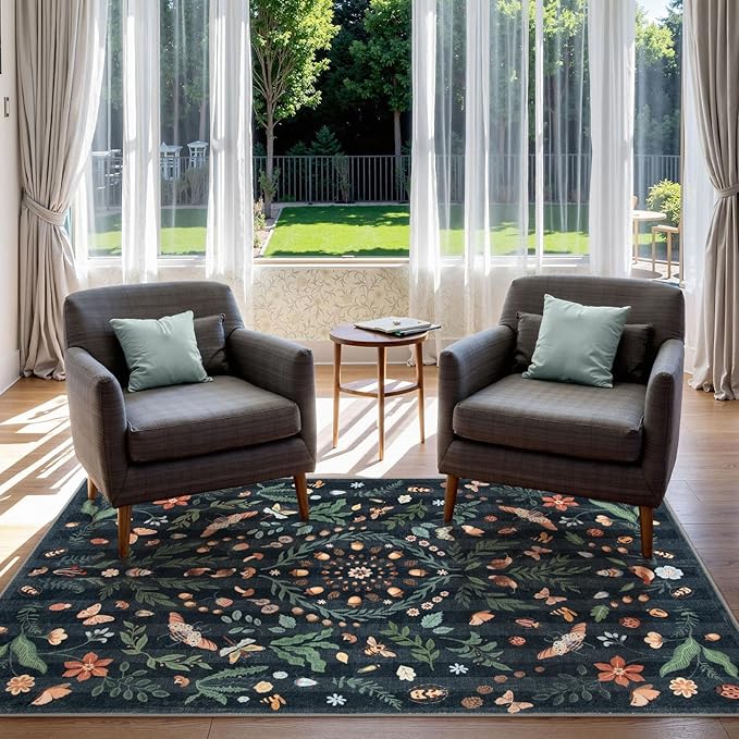 Lahome Insect Botanical 3x5 Washable Rugs for Entryway Soft Rug for Bedroom, Black Kitchen Rugs Non Slip Washable, Boho Floral Indoor Throw Carpet for Bathroom Laundry Living Room(Black,3x5)