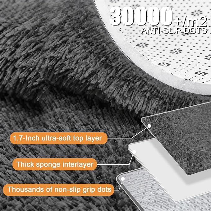 Large Shag Area Rugs 6x9 Grey, Plush Fuzzy Shaggy Rug for Living Room, Ultra Soft Fluffy Furry Rugs for Bedroom, Upgrade Non-Slip Indoor Thick Carpet Nursery Rugs for Kids Girls Boys Room Home Decor