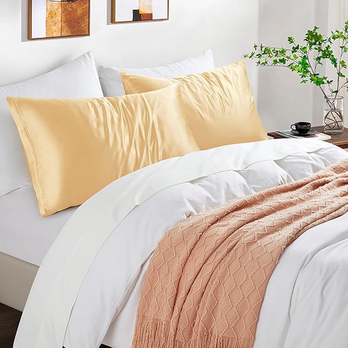 Satin Pillowcases with Zipper （20x26）,Standard Size Pillowcases Set of 2, Gold Silk Pillowcase for Hair and Skin