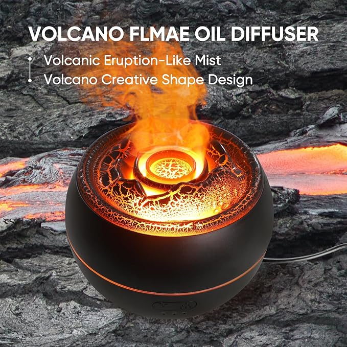 YALEDI Essential Oil Diffuser, Volcano Fire Flame Aromatherapy Diffuser, 360ml Ultrasonic Cool Mist Humidifier, Scent Aroma Diffuser with 7 Colors Light, Timer & Auto Shut-Off for Home, Room (Black)