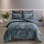 Fredsure Distressed Velvet Comforter Set, 5 Pieces Smoke Blue Queen, Distressed Velvet Face and Brushed Microfiber Reverse
