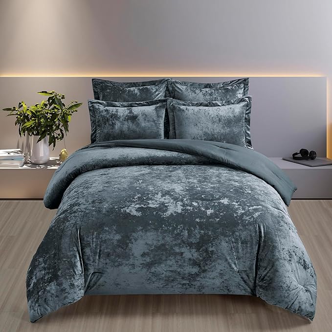 Fredsure Distressed Velvet Comforter Set, 5 Pieces Smoke Blue King, Distressed Velvet Face and Brushed Microfiber Reverse