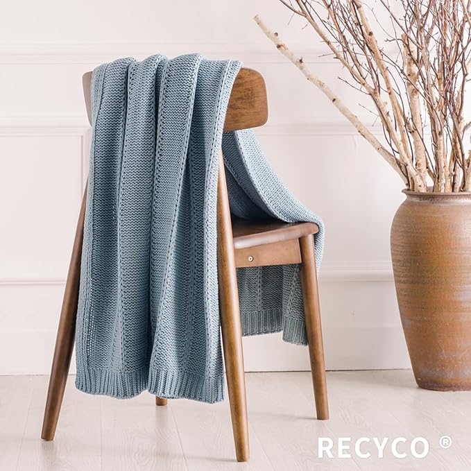 RECYCO Cable Knit Blue Throw Blanket for Couch, Super Soft Warm Cozy Decorative Knitted Throw Blanket 2.3LB for Bed, Sofa, Chair 50"x60"