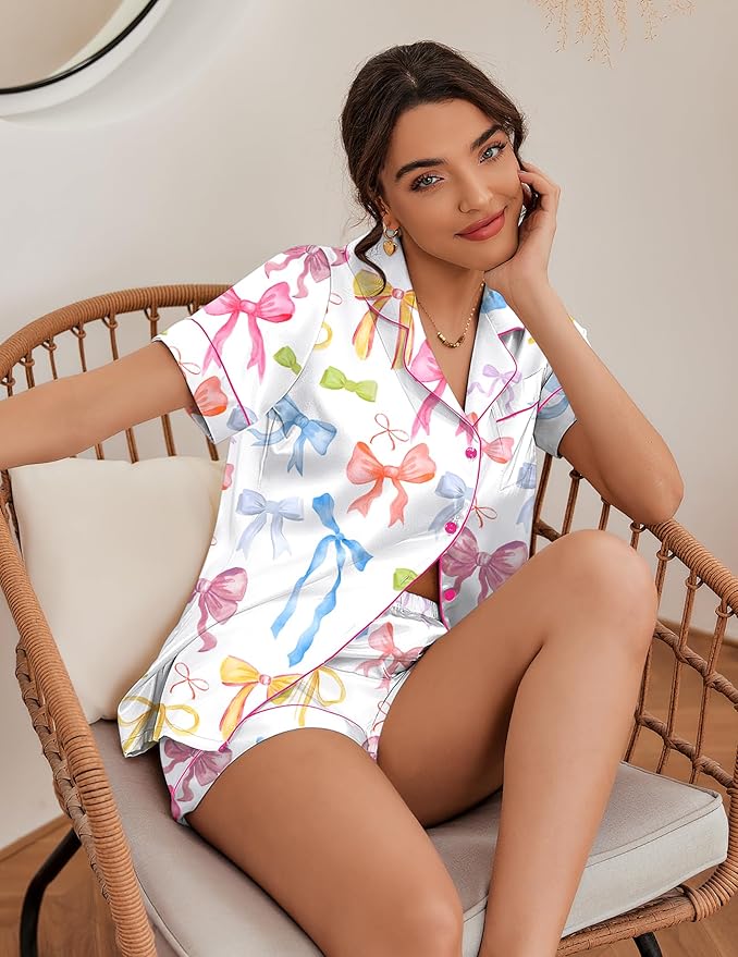 Ekouaer Silk Pajamas for Women Short Sleeve Sleepwear Soft Button Down Loungewear 2 Piece Satin Pjs Shorts Set