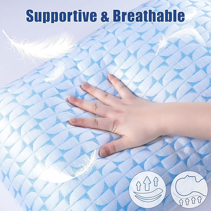 QUTOOL Firm Pillow Shredded Memory Foam, Cooling Pillow for Hot Sleeper, Adjustable Bed Pillow for Side Back Stomach Sleepers, Washable Cover, CertiPUR-US Certified, Standard Size Set of 2