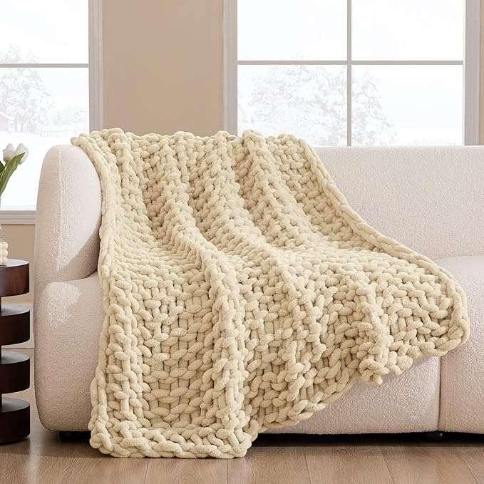HBlife Chunky Knit Throw Blanket 40X40 Inches, Super Warm Soft Chenille Yarn Cable Knitted Blankets and Throws Boho Giant Cozy Thick Crochet Blanket for Sofa Bed Couch, Beige