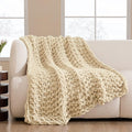 HBlife Chunky Knit Throw Blanket 40X40 Inches, Super Warm Soft Chenille Yarn Cable Knitted Blankets and Throws Boho Giant Cozy Thick Crochet Blanket for Sofa Bed Couch, Beige
