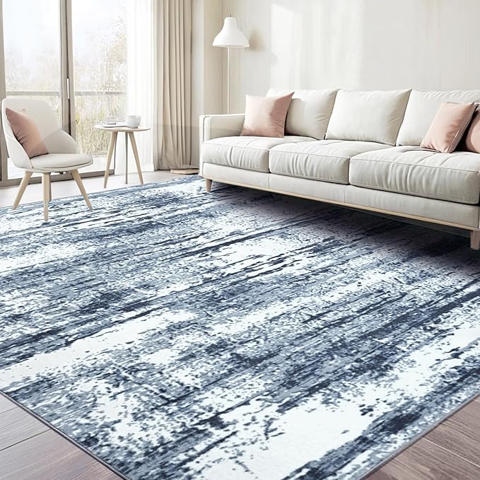 Area Rug 6x9 Washable Rugs Modern Abstract Area Rug Soft Non-Slip Non-Shedding Faux Wool Stain Resistant Floor Carpets for Living Room Bedroom Dining Room Kids Room Home Office (Blue)