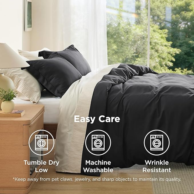 Bedsure Duvet Cover Full Size - Soft Double Brushed Bedding Set for Kids & Adults, Zipper Closure, 3 Pieces, Includes 1 Duvet Cover (80"x90") & 2 Pillow Shams, NO Comforter, Black