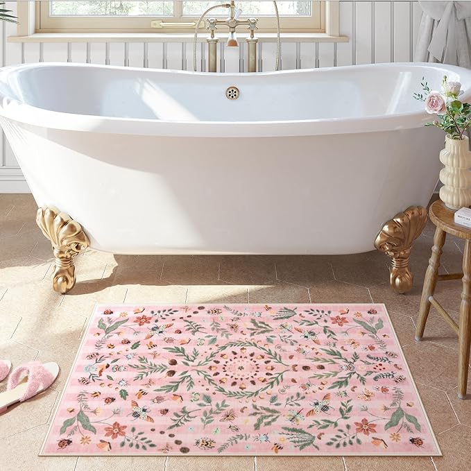 Lahome Chloe Insect Botanical 2x3 Small Pink Rugs for Bedroom Washable Bathroom Rugs, Boho Floral Door Mat Indoor Entrance, Soft Non-Slip Indoor Throw Carpet for Bedside Entryway Laundry(Pink,2'x3')