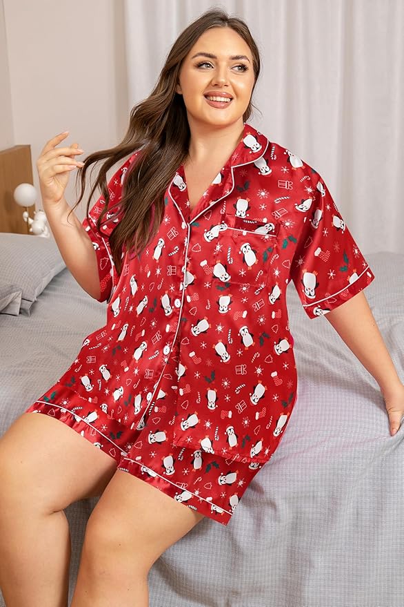 Vozanet Women's Short Sleeve Satin Pajama Sets Silky Ladies Button Down Loungewear Plus Size Nighty Shorts Sets XL to 5XL