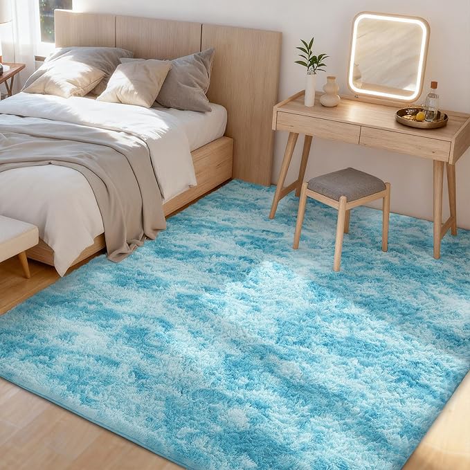 Litanika 3x5 Fluffy Shag Faux Fur Area Rug for Living Room Bedroom, Tie-Dyed Dreamy Blue High Pile Soft Plush Shaggy Furry Bedside Playroom Dorm Carpet, Non-Slip, Non-Shedding Modern Indoor Floor Rug