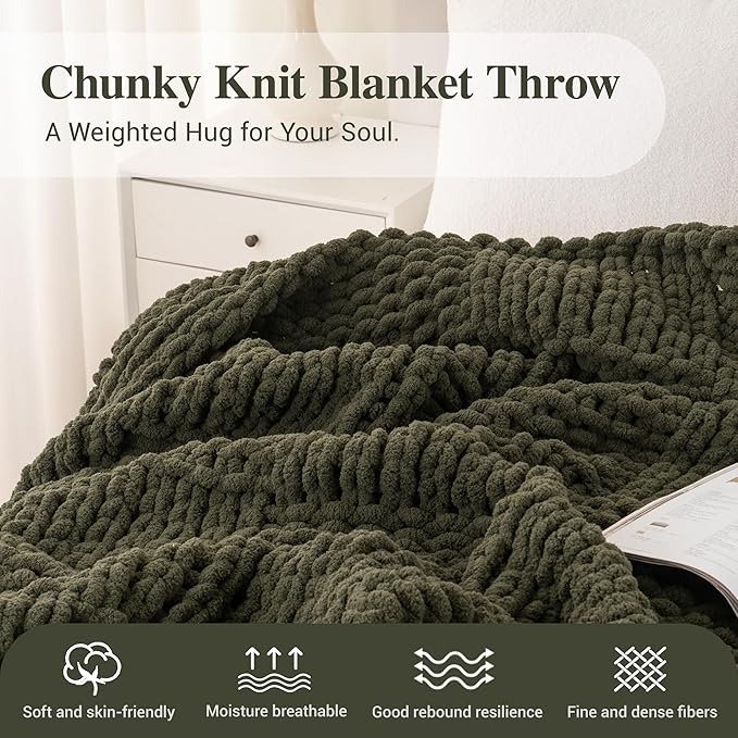 Bunnikins & Clover Olive Green Throw Blanket for Couch, Chunky Knit Blanket Throw with Chenille Yarn for Bed Living Room Home Decor, 50"x60"