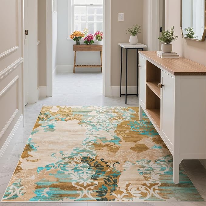 CRYPTOLITE Abstract Area Rug Washable Rug with Non-Slip Backing Low Pile Area Rugs for Living Room, Bedroom, Dining Room,4x6, Orange-Yellow