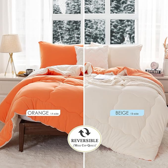 COTTEBED Winter Reversible Softness Burnt Orange and Beige Twin Comforter Set for Girls Kids College Dorm, Warm Thick Breathable Fluffy Cozy Comfy Bedding Down Comforter Christmas, Twin/Twin XL