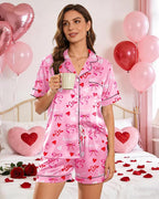 Womens Silky Pajama Sets Short Sleeve Loungewear 2 Pcs Satin Soft Pj Sets Button Down Women's Summer Sleepwear
