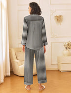 Ekouaer Womens Silk Satin Pajama Sets 2 Piece Sleepwear Pjs Set Long Sleeve Button Down Top and Pants Stripe Loungewear S-XXL