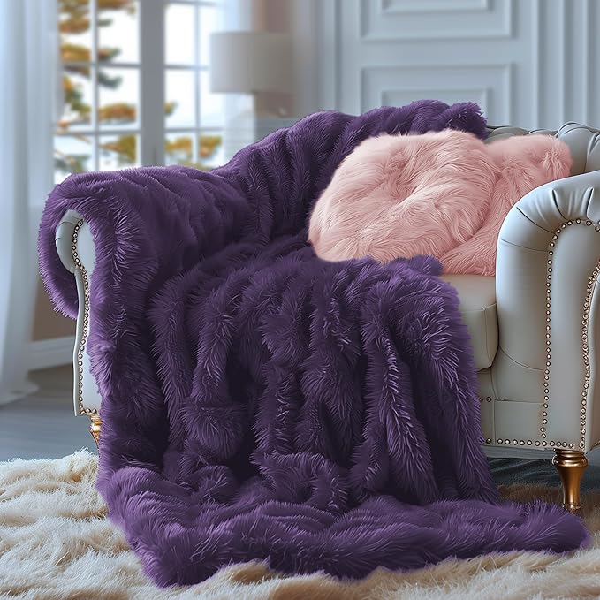 Hyde Lane Purple Fuzzy Throw Blanket, 2 Way Reversible Ultra Soft Long Faux Fur Throws, Shaggy Cozy Fluffy Blankets for Couch Sofa Home Decor, 60x80