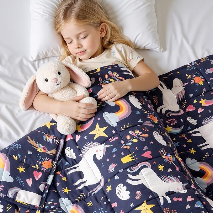 Kivik Unicorn Weighted Blanket 3lbs, Cooling Breathable Small Blankets, Soft Heavy Throw for School Calming & Bed Sleep Gifts for 4 5 6 7 + Year Old, Machine Washable, 36''x 48'', 3 Pounds, Navy Blue