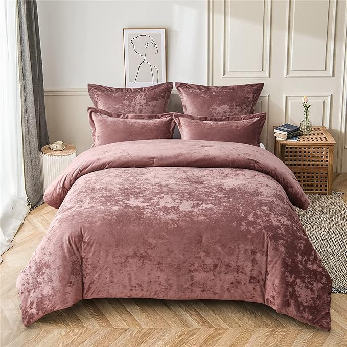 Fredsure Distressed Velvet Comforter Set, 5 Pieces Dusty Mauve King, Distressed Velvet Face and Brushed Microfiber Reverse
