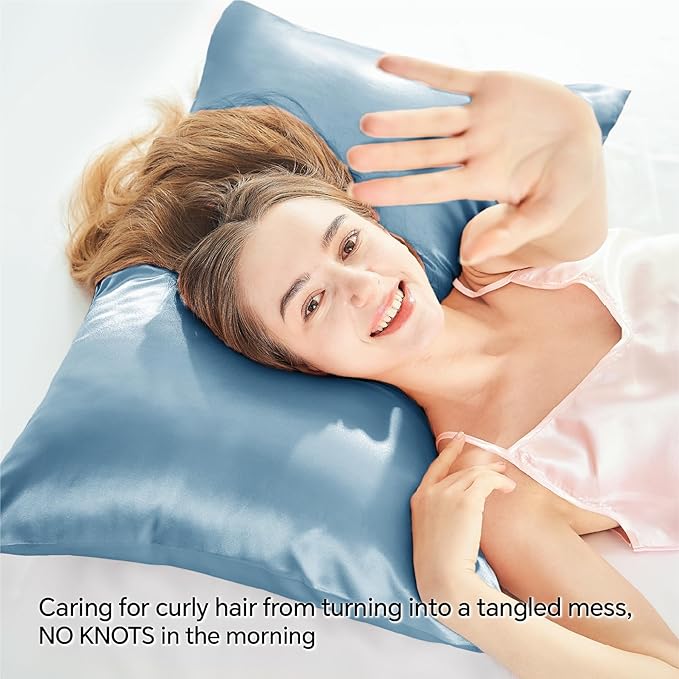 BEDELITE Satin Pillowcase with Zipper 2 Pack, Airy Blue Pillow Cases Standard Size, Super Soft and Cooling Similar to Silk Pillow Cases, Gift for Women Men(20x26 Inches)