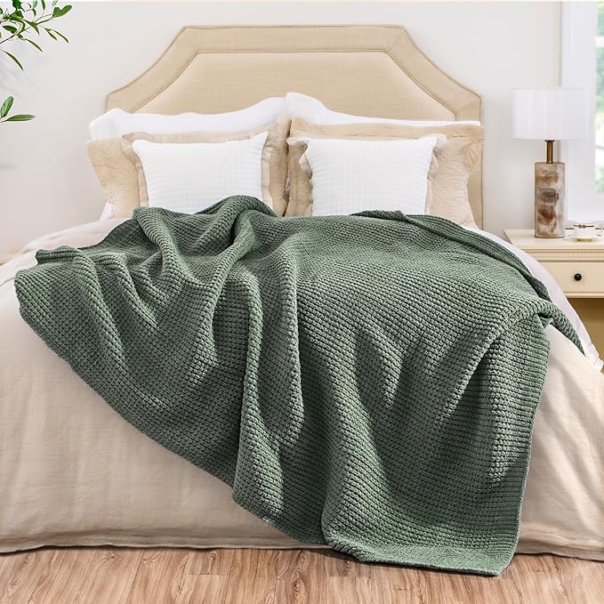Waffle Knit Blanket Twin Size, Luxury Cozy Chunky Knit Twin Blanket for Couch, 60 x 80 Inch Thick Ultra-Soft Feather Yarn Knitted Blankets for Sofa, Bed, Home Decor - Sage