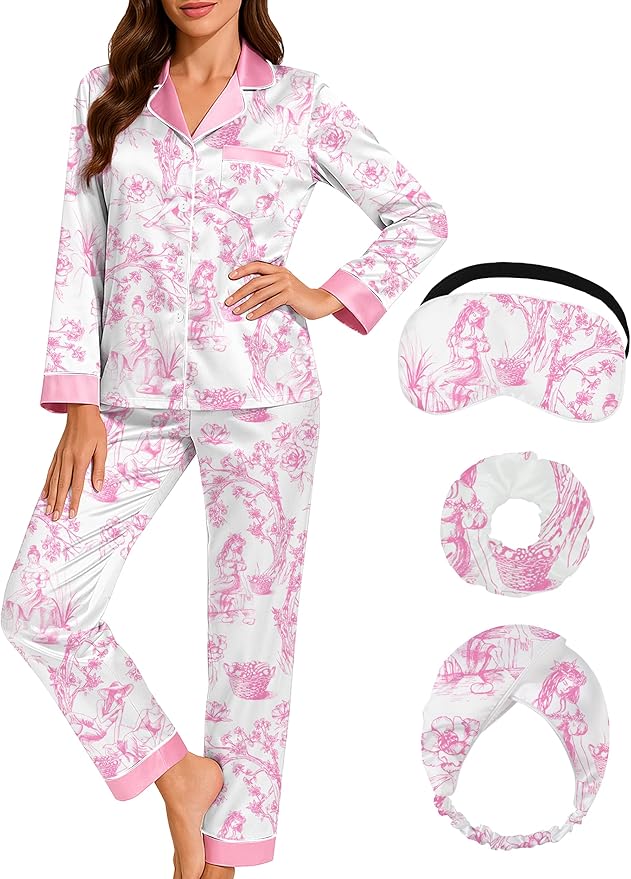 DOLOS Silk Satin Pajama Set for Women Short/Long Sleeve 2-Piece Silky Pajamas for Women Button Down Pjs Sleepwear Loungewear
