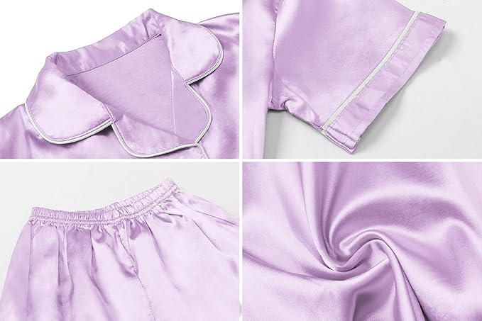 Umeyda Girls Womens Pajamas Set, Satin Silky Button Down Loungewear 2 Piece Short Sleeve Pants PJS Sets for Mommy Kids