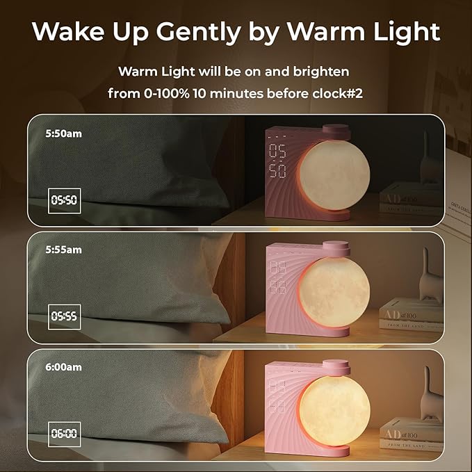 Sunrise Alarm Clock, Wake-Up Light Moon Lamp with Colourful Light Mode, 10 Fairy Sounds, 30/60/90 Timer & Dual Alarms for Girls/Teens, Cute Bedside Companion for Nursery/Kids Room (Blush Pink)