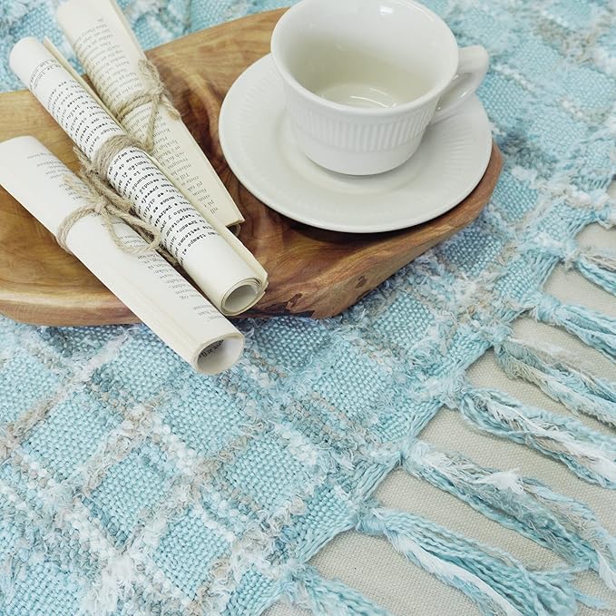 Multicolored Chenille Knitted Throw Soft Cozy Fluffy Reversible Boho Plaid Throw Blanket with Tassels for Couch Chair Bed Cover Living Room Bedroom Décor, 50" x 60", Light Blue