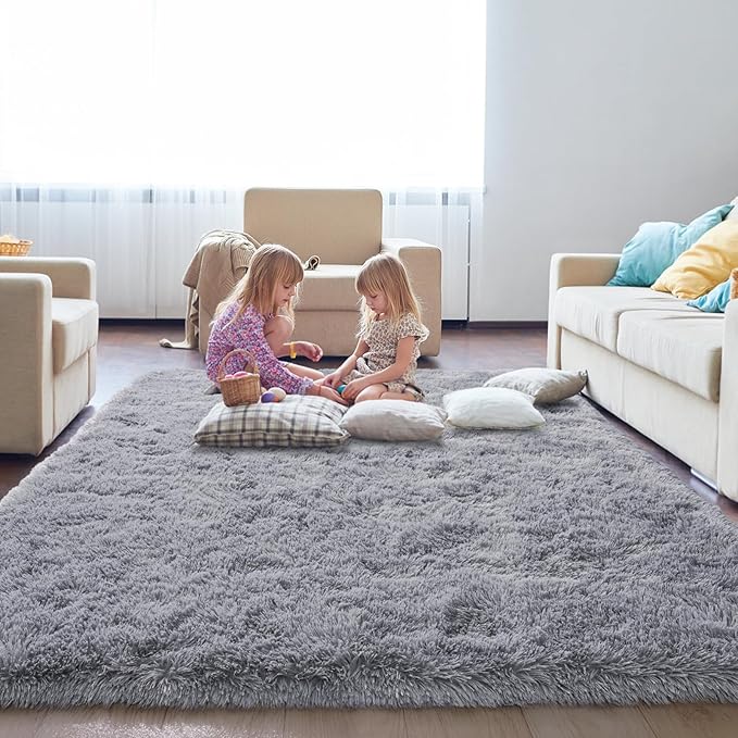 KING DARE Grey Area Rugs 9x12 Living Room, Soft Plush Shaggy Fuzzy Furry Large Rug, Anti-Slip Washable Modern Big Floor Carpet for Bedroom Home Decor Aesthetic