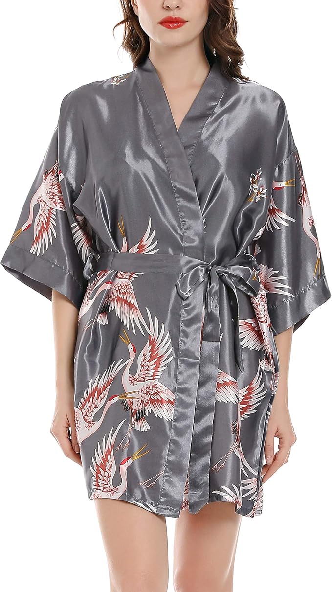 Women Kimono Robes Satin Dressing Gown Crane and Blossoms Sleep Lounge Nightwear Short Silk Bride Bridesmaid Robe