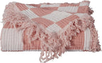 Chezmoi Collection Kendall Checkered Cotton Muslin Throw Blanket 50" W x 60" L, Knit Woven Gauze Blanket with Frayed Tassels for Bed Couch Travel Lightweight Breathable Cozy Throw, Dusty Rose/White
