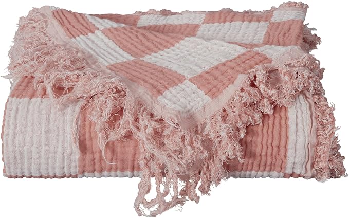 Chezmoi Collection Kendall Checkered Cotton Muslin Throw Blanket 50" W x 60" L, Knit Woven Gauze Blanket with Frayed Tassels for Bed Couch Travel Lightweight Breathable Cozy Throw, Dusty Rose/White
