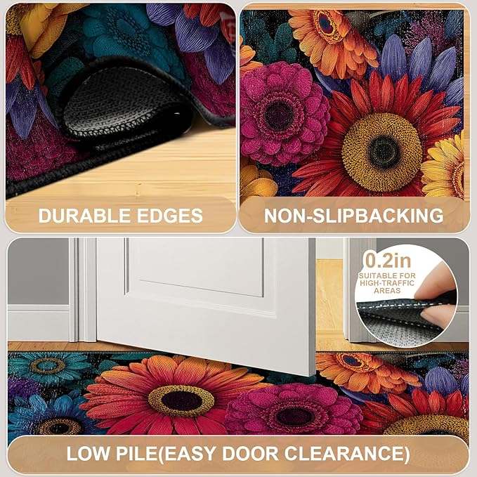 Flower Area Rug 2x3 ft Entry Rug Washable BohemianRugs Non Slip Low Pile Floral Door Mat Small Carpet for Bedroom, Bedside, Kids Room, Office, Dining Room