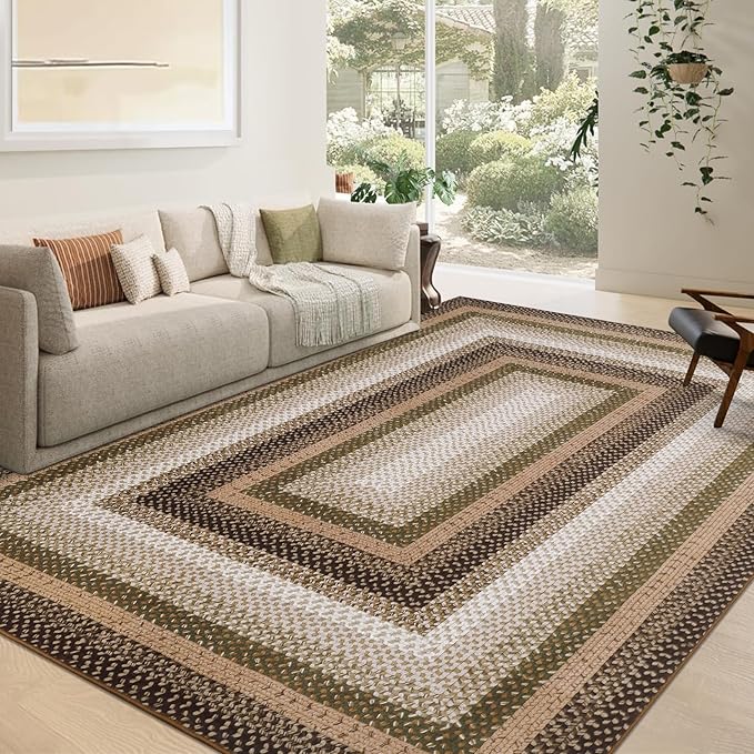 RUGSREAL Modern Rug for Entryway 3x5 Braided Area Rug Machine Washable Living Room Area Rug Non Slip Small Dining Room Throw Carpet Stain Resistant Farmhouse Rustic Rug for Bedroom Kitchen, Moss/Brown