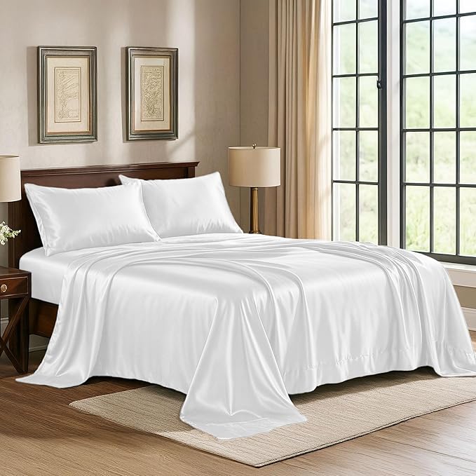 Satin Sheets King [4-Piece, White] Hotel Luxury Silky Bed Sheets - Extra Soft 1800 Microfiber Sheet Set, Wrinkle, Fade, Stain Resistant - Deep Pocket Fitted Sheet, Flat Sheet, Pillow Cases
