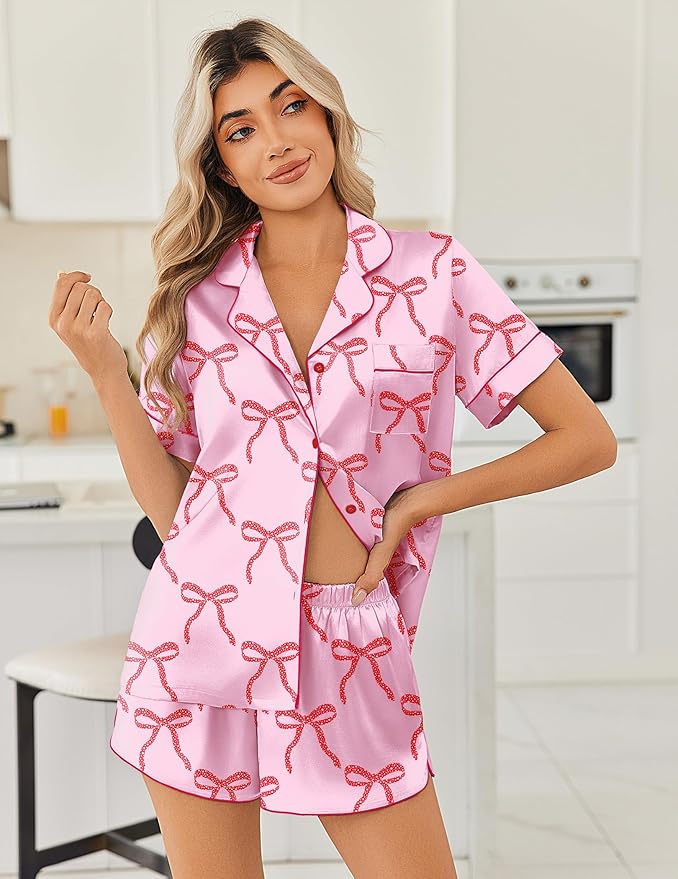 Ekouaer Womens Silk Satin Pajama Sets 2 Piece Button Down Silk Pjs Shorts Sets Cute Print Short Sleeve Sleepwear S-4XL