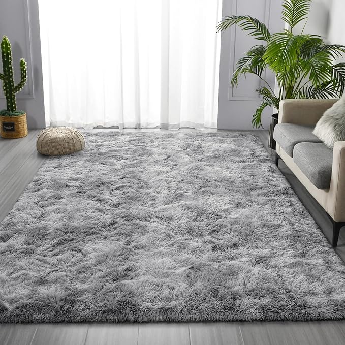 Deerhoo Large Shag Area Rugs 9 x 12, Tie-Dyed Plush Fuzzy Rugs for Living Room, Ultra Soft Fluffy Furry Rug for Bedroom, Indoor Carpet Nursery Rugs for Kids Room Home Decor, Light Grey