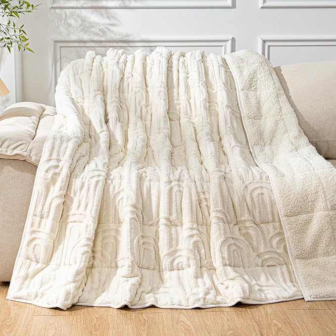 Cottonblue Jacquard Weighted Blanket for Adults 15 lbs Queen Size, Soft Fluffy Sherpa Fleece Weighted Throw Blankets 60" x 80" for Sleep Relax, Fuzzy Warm Arch Heavy Blanket for Bed Couch, Cream White